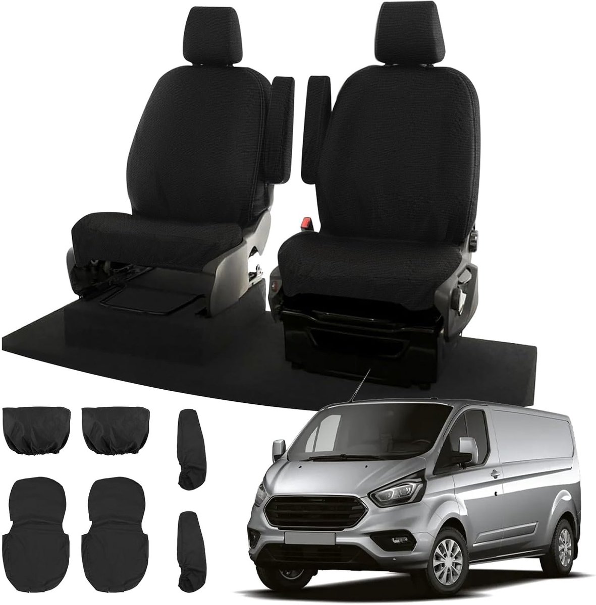 Set van 6 stoelhoezen compatibel met Ford Transit Custom 2013-2022 (2-zits) | Waterdichte voorstoelbeschermer, zwarte pasvorm, set voor bestuurder en enkele passagiers