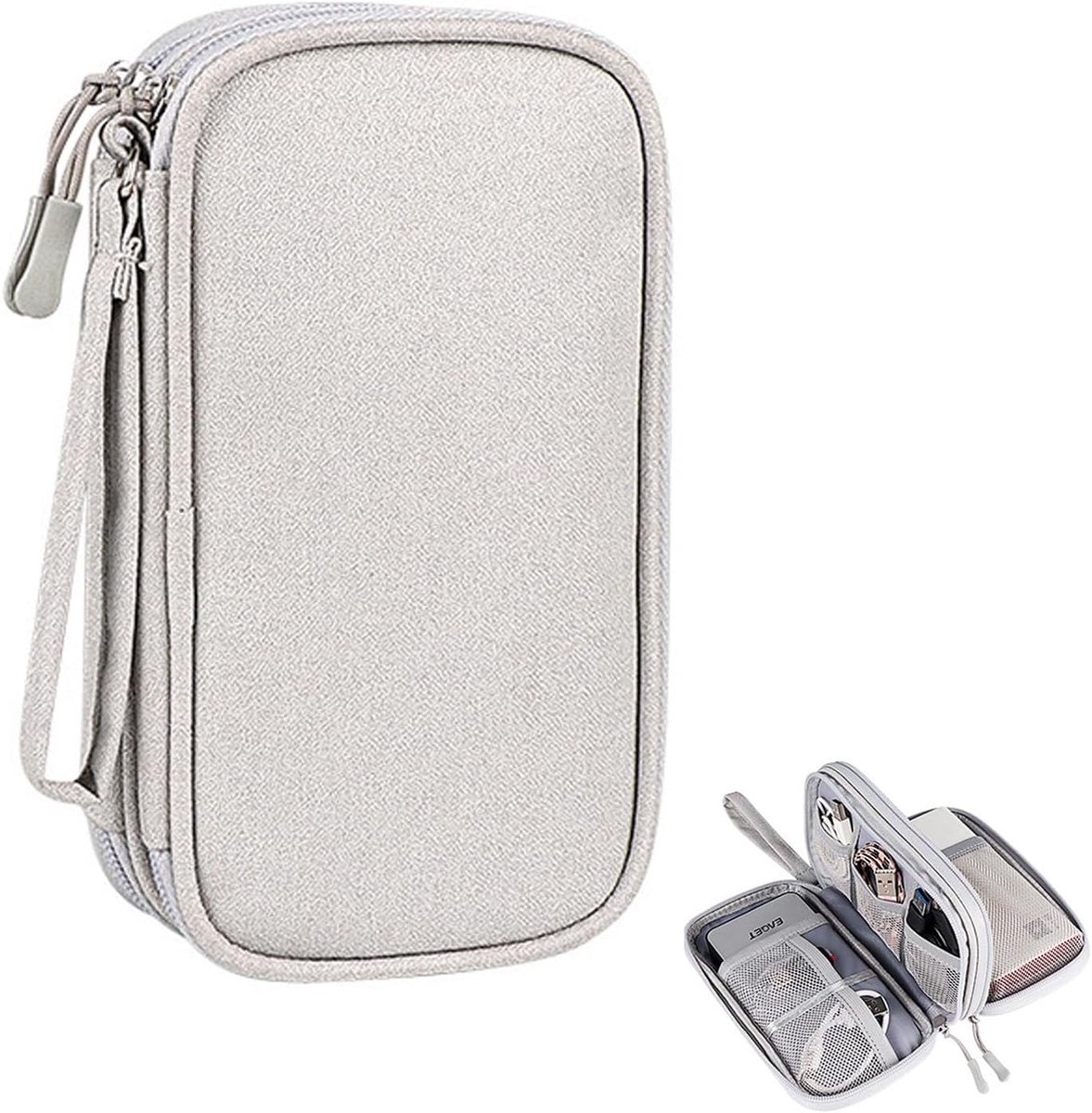 Dogmoon Kabeltas, kabeltas, organizer, draagbare kabelorganizer, tas, elektronica-accessoiretas, reiskabel-organizer, dubbellaags voor accessoires, mobiele telefoon, oplaadkabel, powerbank, USB, grijs