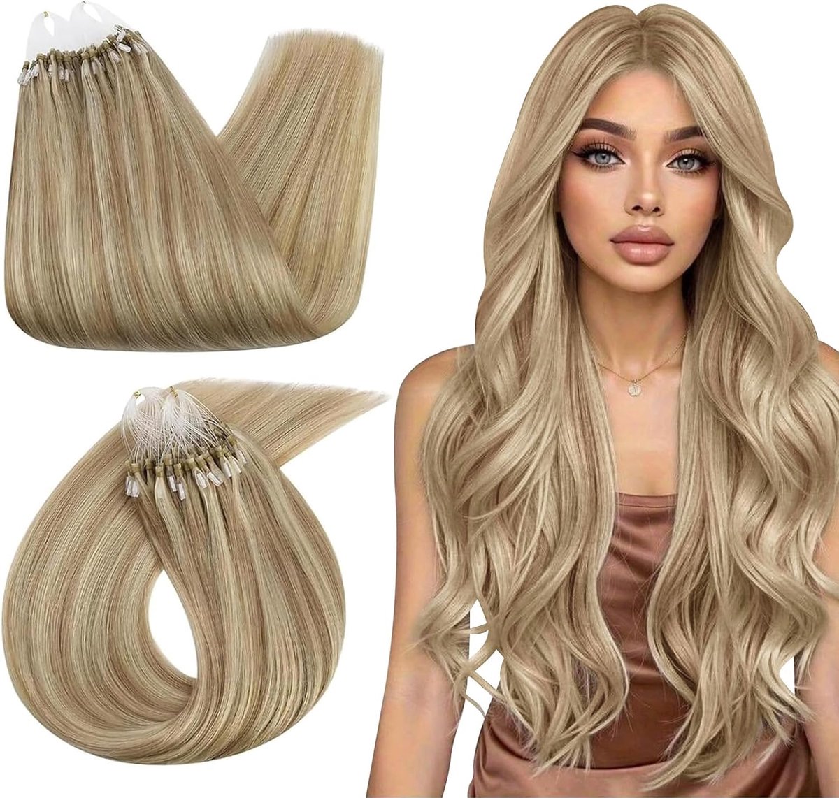 Microring Haar Extensions Echt Haar Highlights Donker Asblond met Goudblond 50 cm Micro Ring Hair Extensions Human Hair Asblond Highlights 50g 50s #P16/22