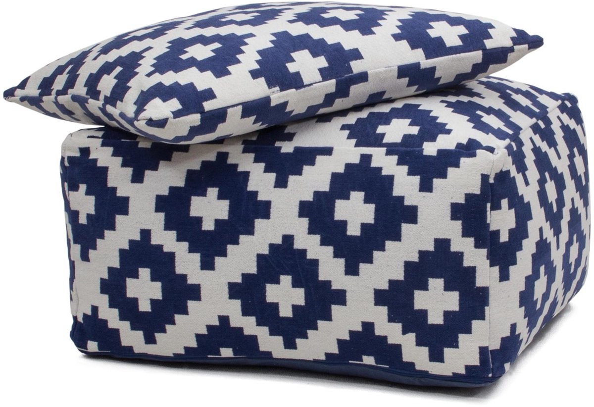 Padiro poef met zitkussen 80 x 80 cm - wit en blauw - stoffen bekleding - geometrisch patroon en omkeerbaar kussen
