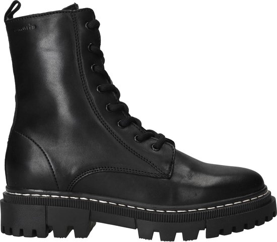 Zwarte Tamaris leren veterlaars met dikke profielzool en witte sierstiksels, zij-aanzicht.