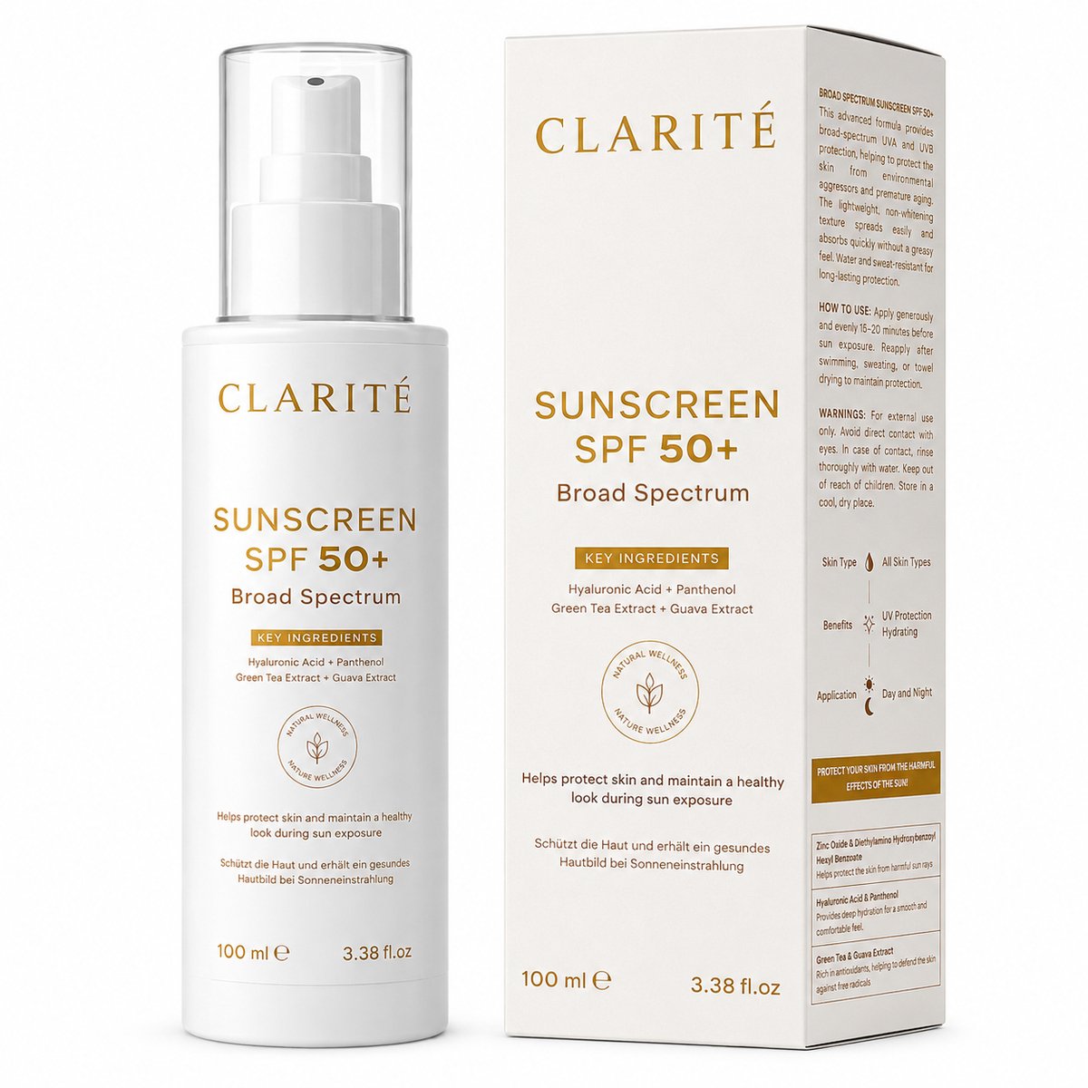 CLARITÉ Zonnebrand SPF 50+ - Gezicht & Hals - UVA & UVB - Met Hyaluronzuur, Panthenol & Ceramide NP - Parabenvrij & Siliconenvrij - Zonder Octocrylene & Oxybenzone - 100 ml