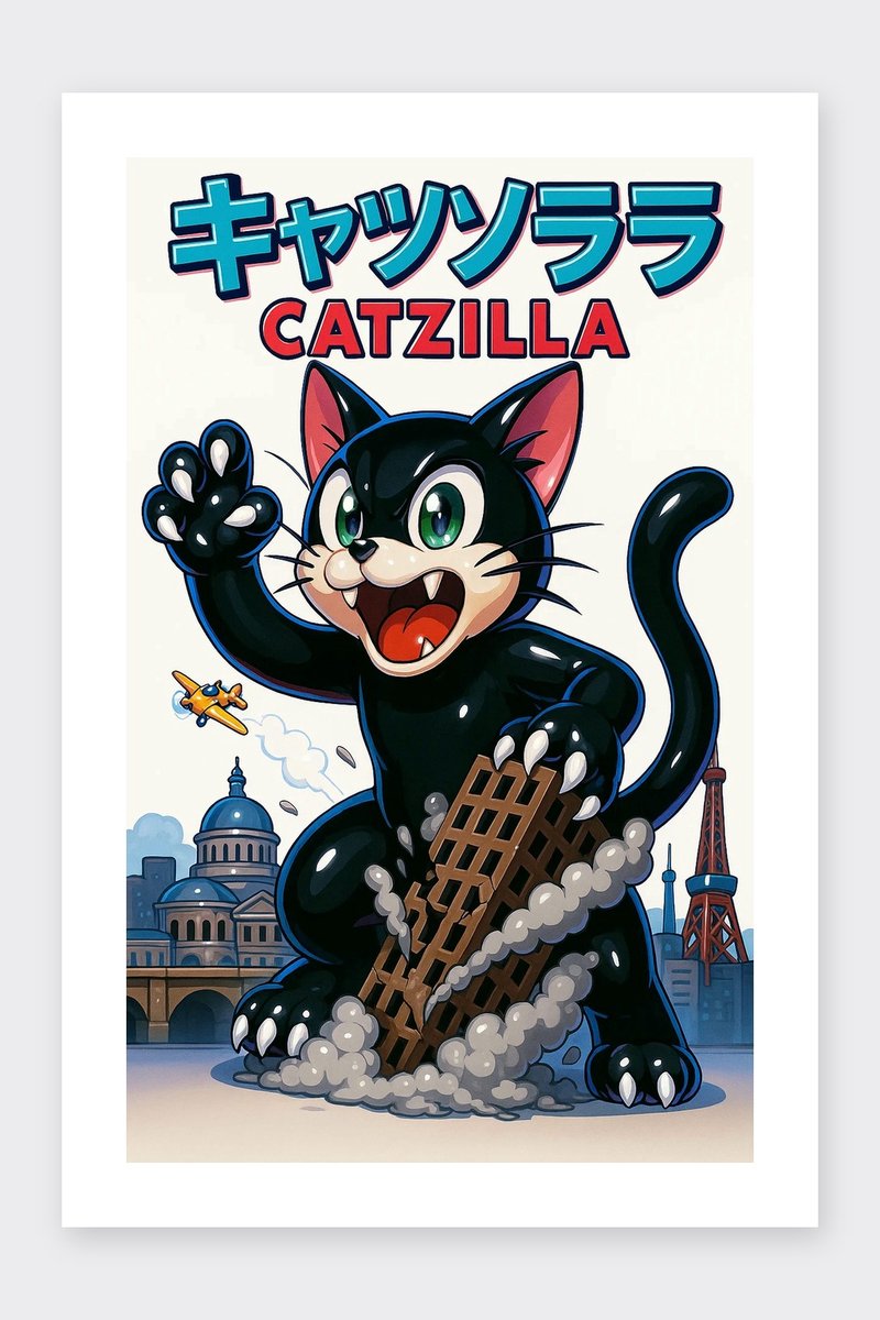 Catzilla Poster - Teksten Posters - Cartoon - Passe-Partouts Effect - Wanddecoratie Kinderkamer - 180 gram papier - B6094AZ - Formaat 60 x 90cm
