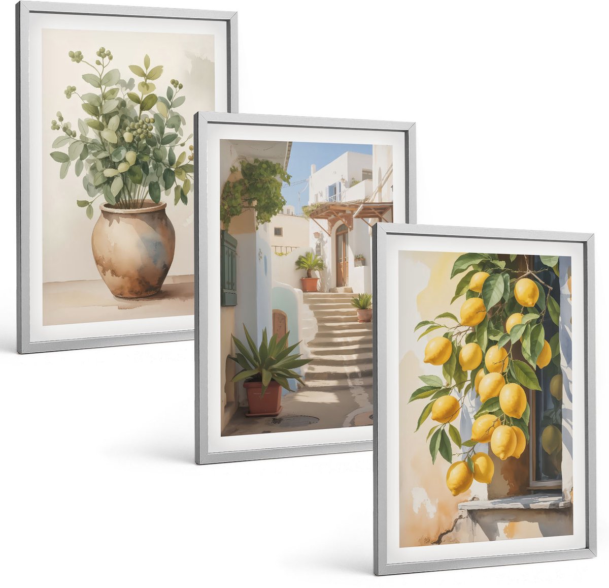 Coloray 3-Delige Schilderij Set - Potplanten En Citroenen Tegen De Achtergrond Van Een Straat. - 40 x 60 cm - Wanddecoratie - Woonkamer Decoratie - Moderne Wanddecoratie