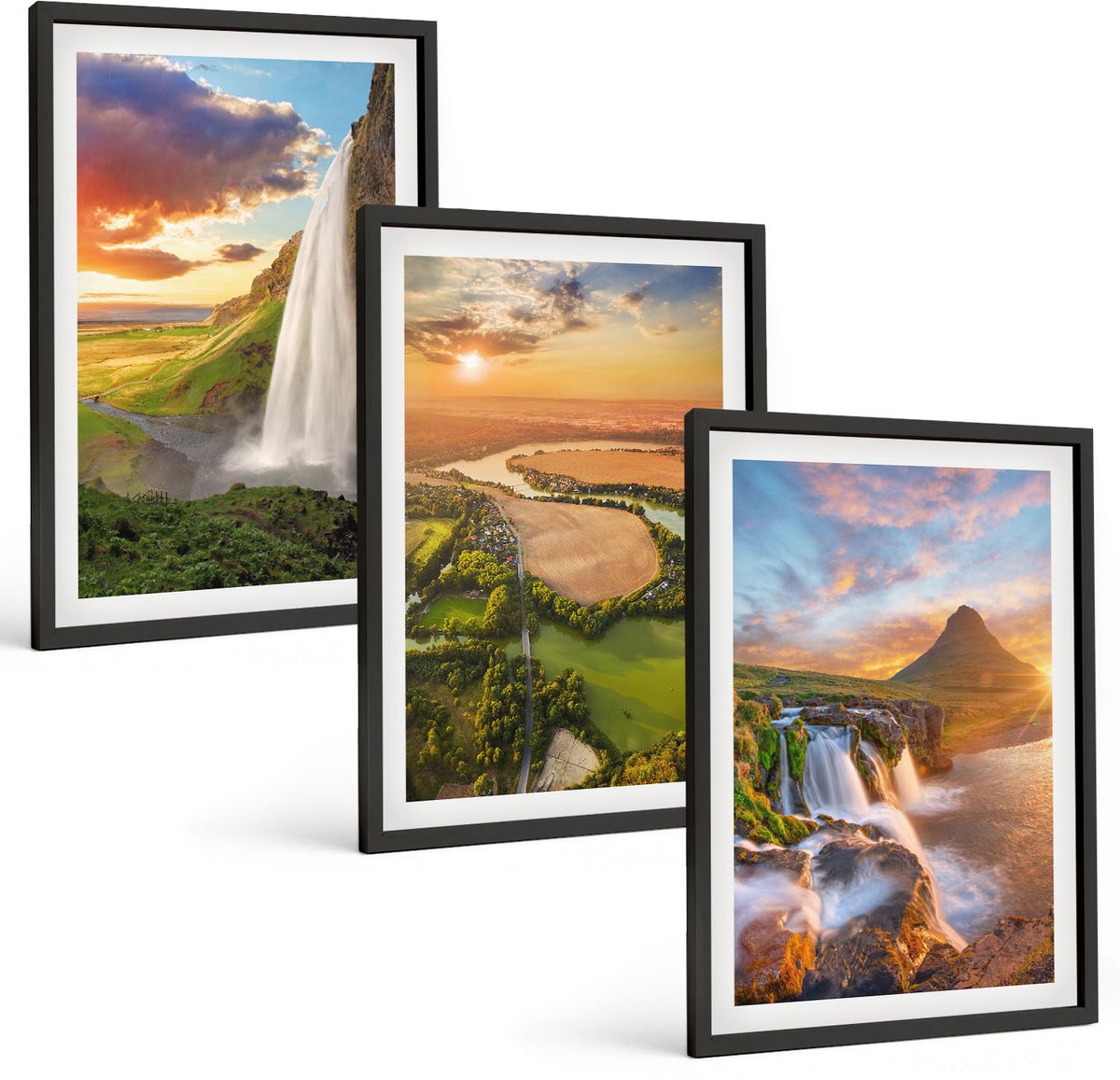 Coloray 3-Delige Schilderij Set - Watervallen, Berglandschappen En Rivieren Bij Zonsondergang - 40 x 60 cm - Wanddecoratie - Schilderijen Set - Kantoor