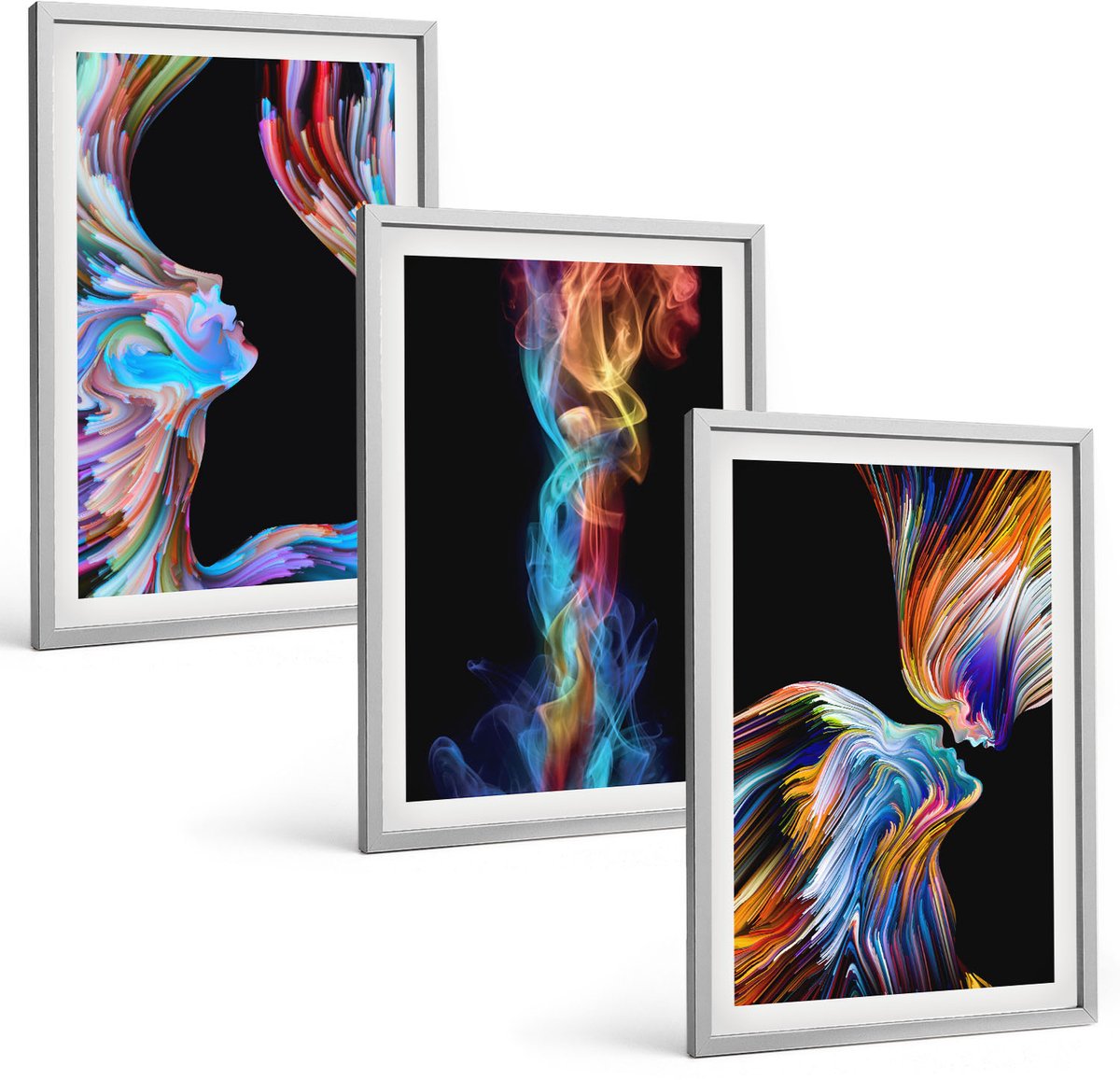 Coloray 3-Delige Schilderij Set - Kleurrijke Abstracties Met Gezichten En Dynamische Vormen - 40 x 60 cm - Stijlvolle Muurdecoratie - Kantoor - Interieur Decoratie