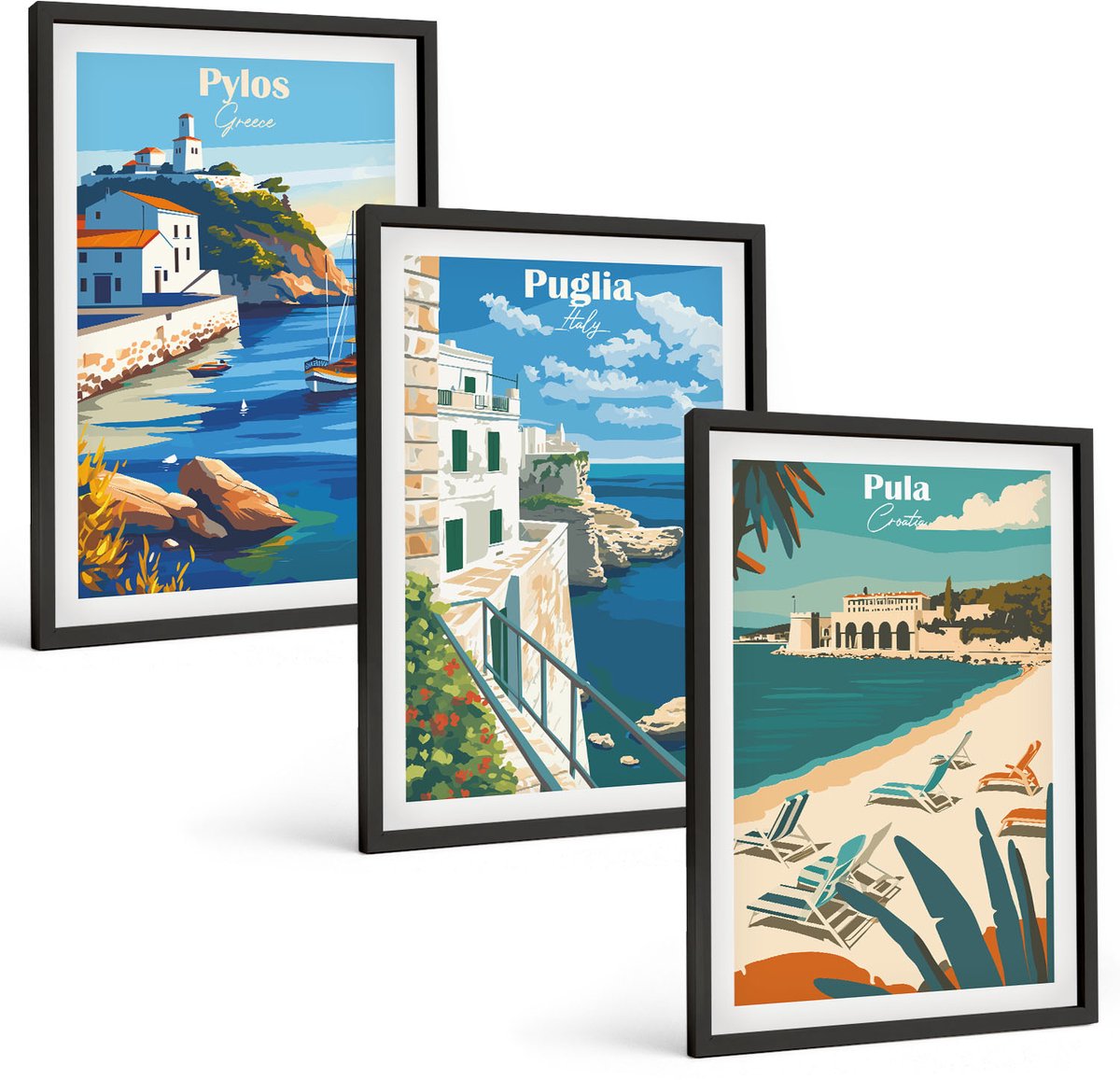 Coloray 3-Delige Schilderij Set - Schilderachtige Kustlandschappen Uit Toeristische Landen - 40 x 60 cm - Muurdecoratie - Interieur Decoratie - Decoratieve Schilderijen