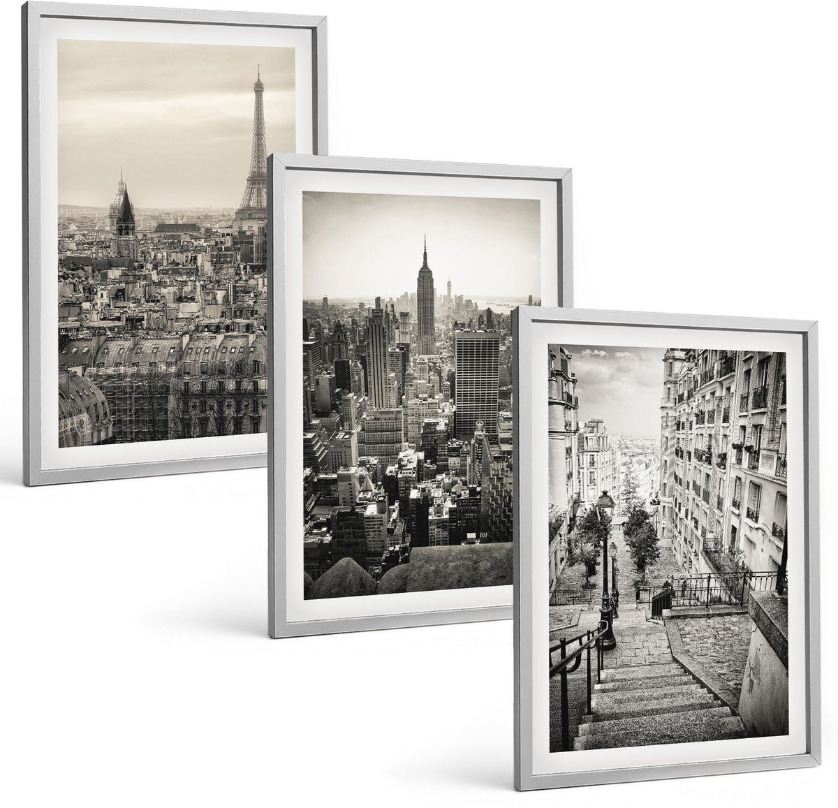Coloray 3-Delige Schilderij Set - Stadsgezichten Parijs New York En Charmante Trappen - 40 x 60 cm - Decoratieve Schilderijen - Wanddecoratie - Hal - Stijlvolle Muurdecoratie