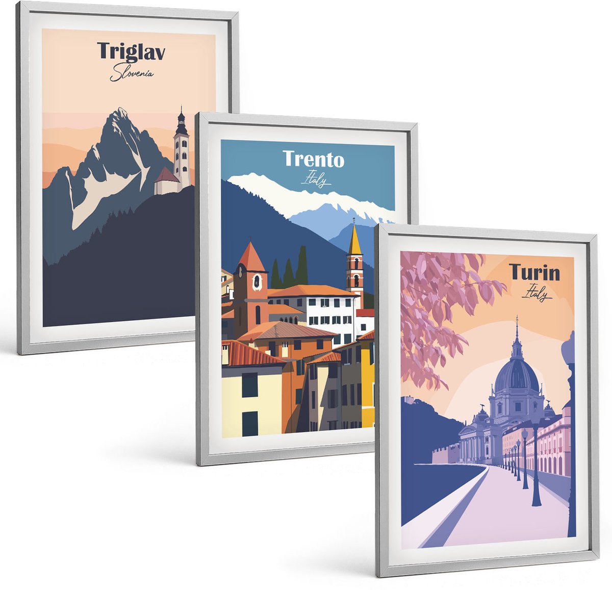 Coloray 3-Delige Schilderij Set - Bergen En Architectuur, Retro, Kleurrijke Illustraties - 40 x 60 cm - Wanddecoratie - Muurdecoratie - Moderne Interieurdecoratie - Woonkamer Decoratie