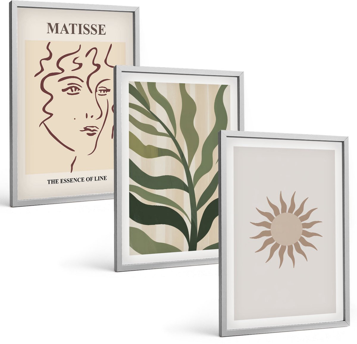 Coloray 3-Delige Schilderij Set - Abstracte Plantpatronen En Lijnen In Gedempte Kleuren. - 40 x 60 cm - Wanddecoratie - Schilderijen Set - Interieur