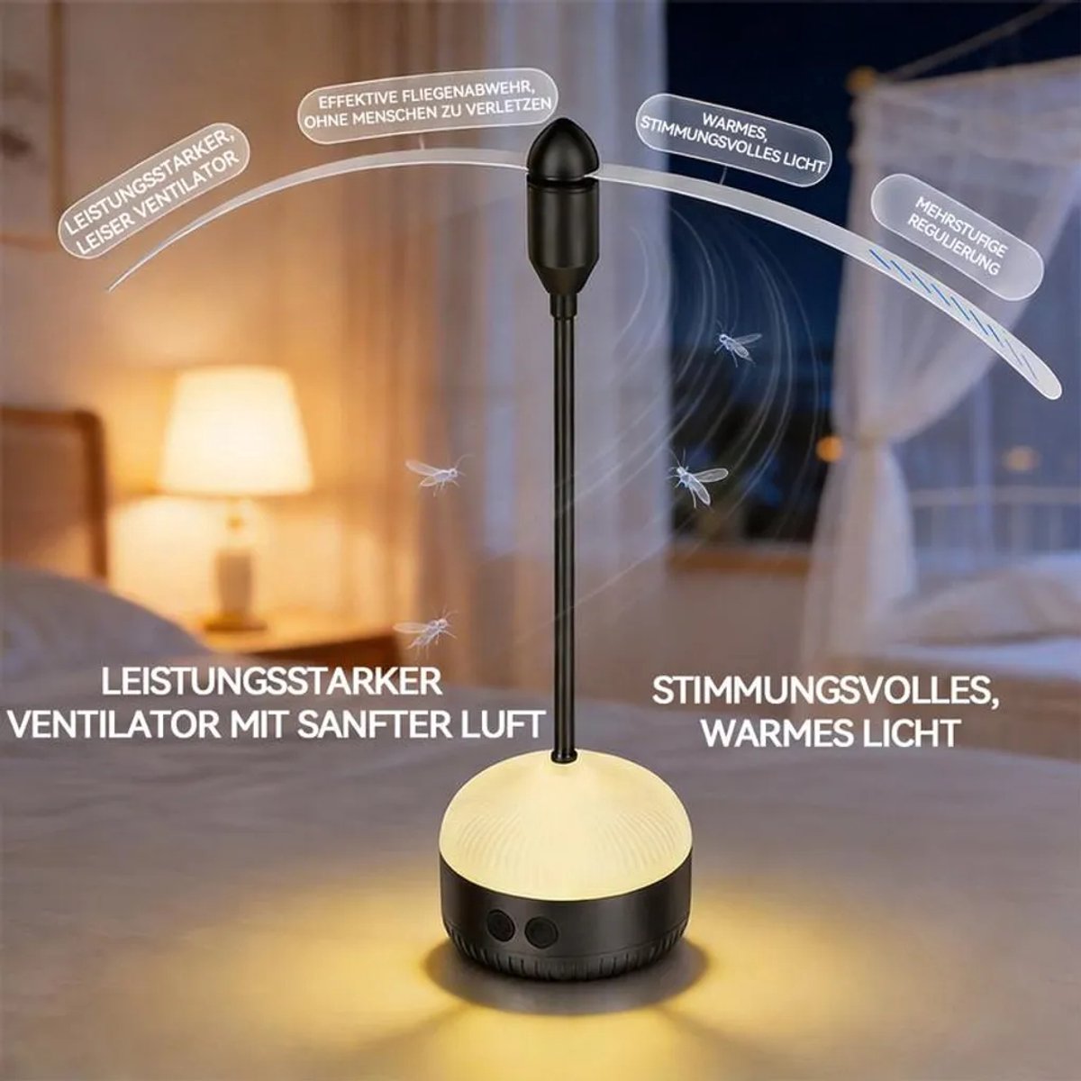 Vliegenverjager geschikt voor op het bureau geschikt voor LED-verlichting, vliegenvanger, oplaadbare campingventilator, 180° verstelbaar, geschikt voor barbecues en picknicks.