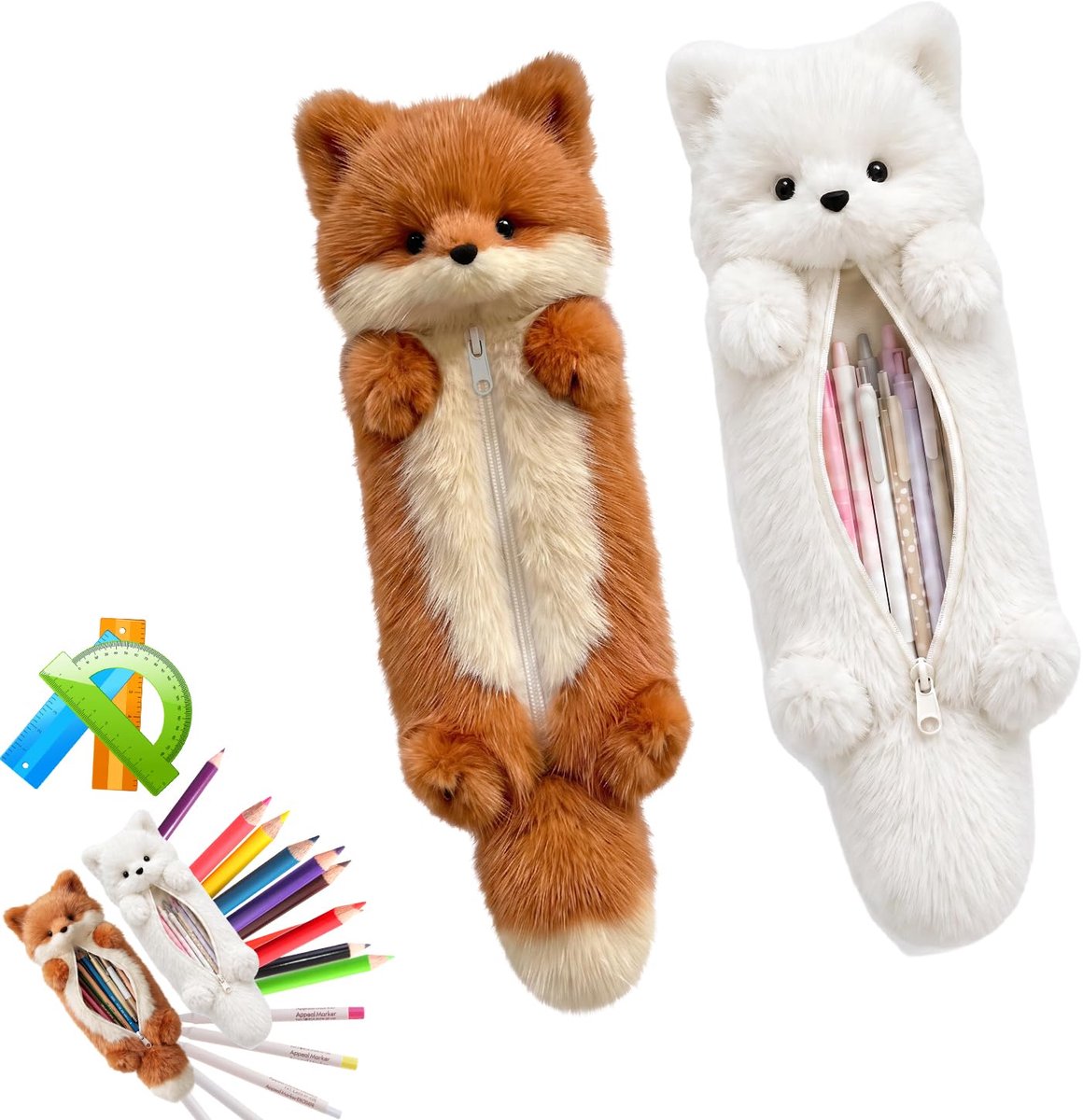 agctrler Pluche etui met vossenmotief, 2 stuks, etui met stevige ritssluiting, diermotief, voor jongens, meisjes - ShopVlot