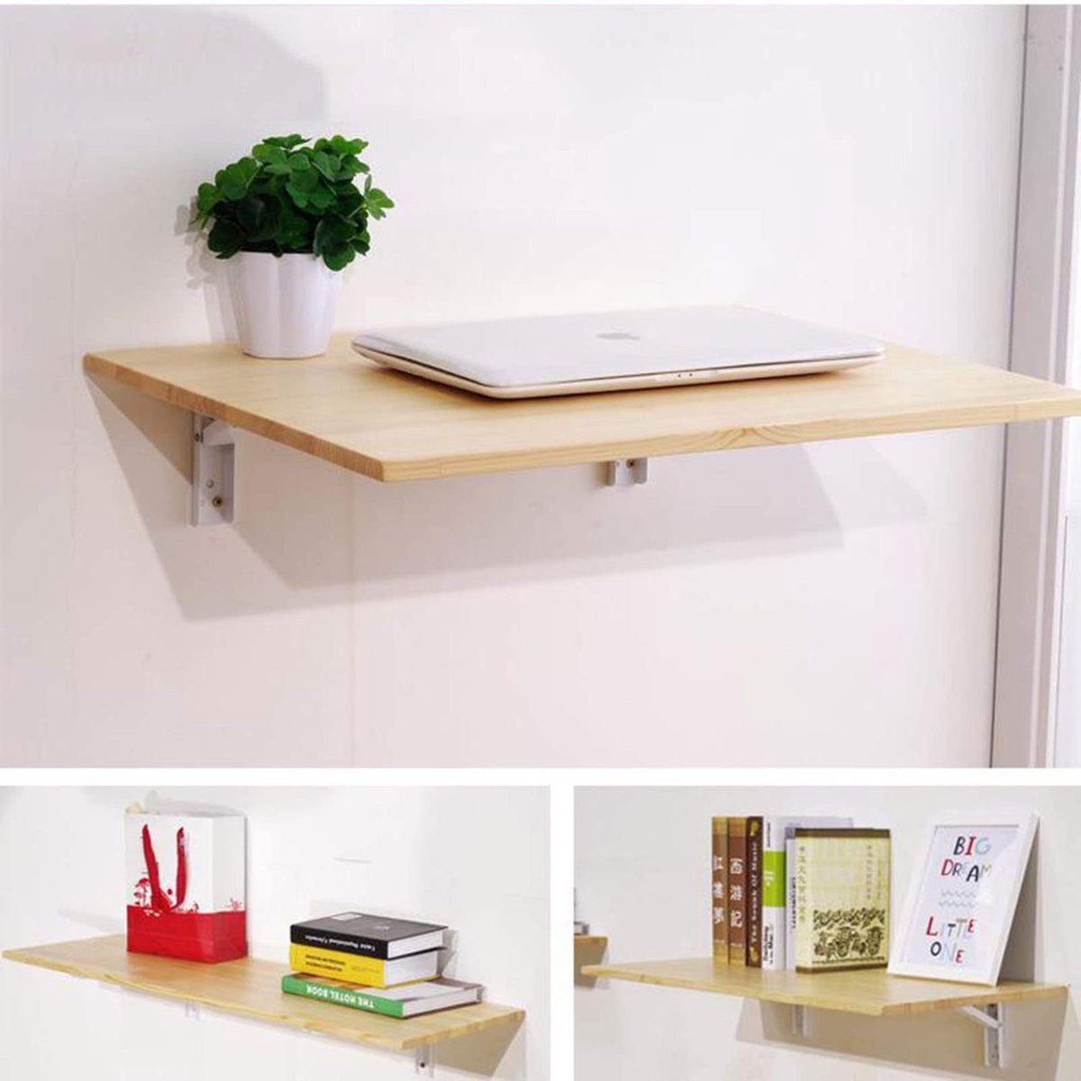 Wandgemonteerde tafel kleine ruimte opvouwbaar massief houten neerklapbaar bureau voor dineren, studeerkamer, keuken - ShopVlot