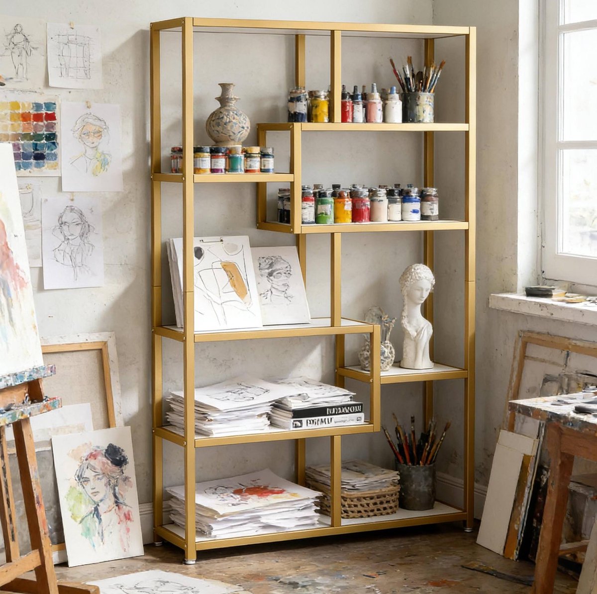 MODFU - Boekenkast - Open - Geometrisch - Vloerstaand - Metaal - Goud Wit