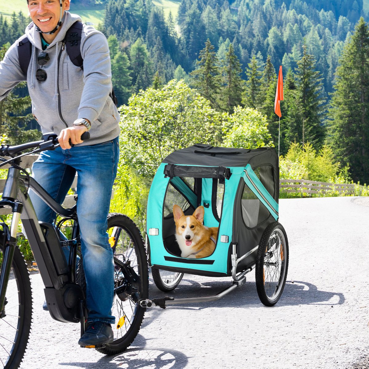 REDOM - Fietsaanhanger voor huisdieren - Oxford stof met regenhoes - Opvouwbaar - Voor en achter ingang - Met veiligheidsvlag en reflectoren - Metaal - Groen - 130 x 73 x 90 cm