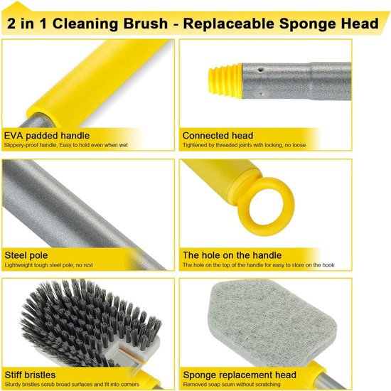 Badkamer Schoonmaakborstel - Tegelreiniger Telescoopsteel - Grondig Reinigen - 180° Draaibare Kop - 128 cm Lengte - Geel Grijs — afbeelding 4