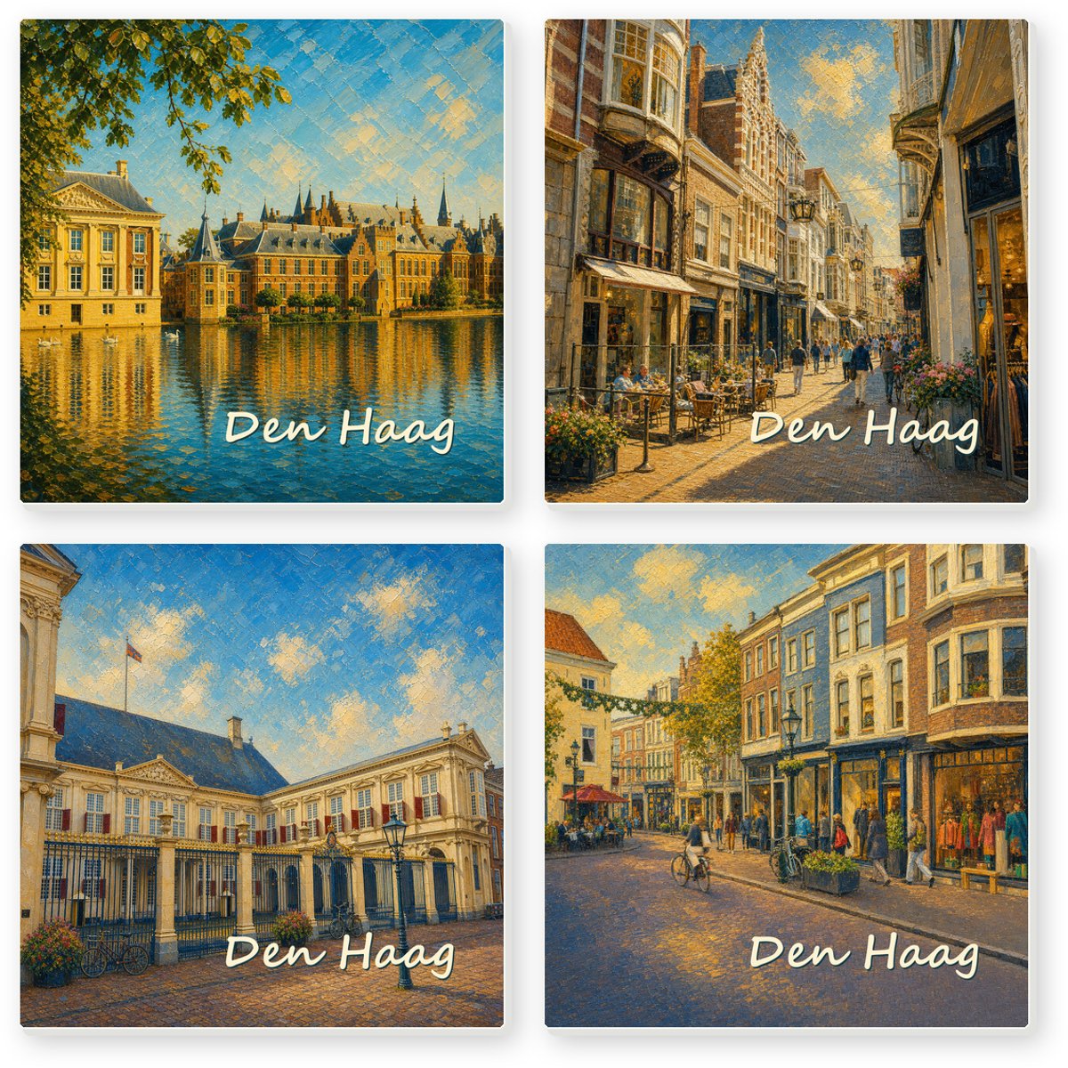 Kleurmedia Tegeltjes Den Haag – Set van 4 – Keramiek 15 x 15 cm – Inclusief 4 transparante houders – Souvenir