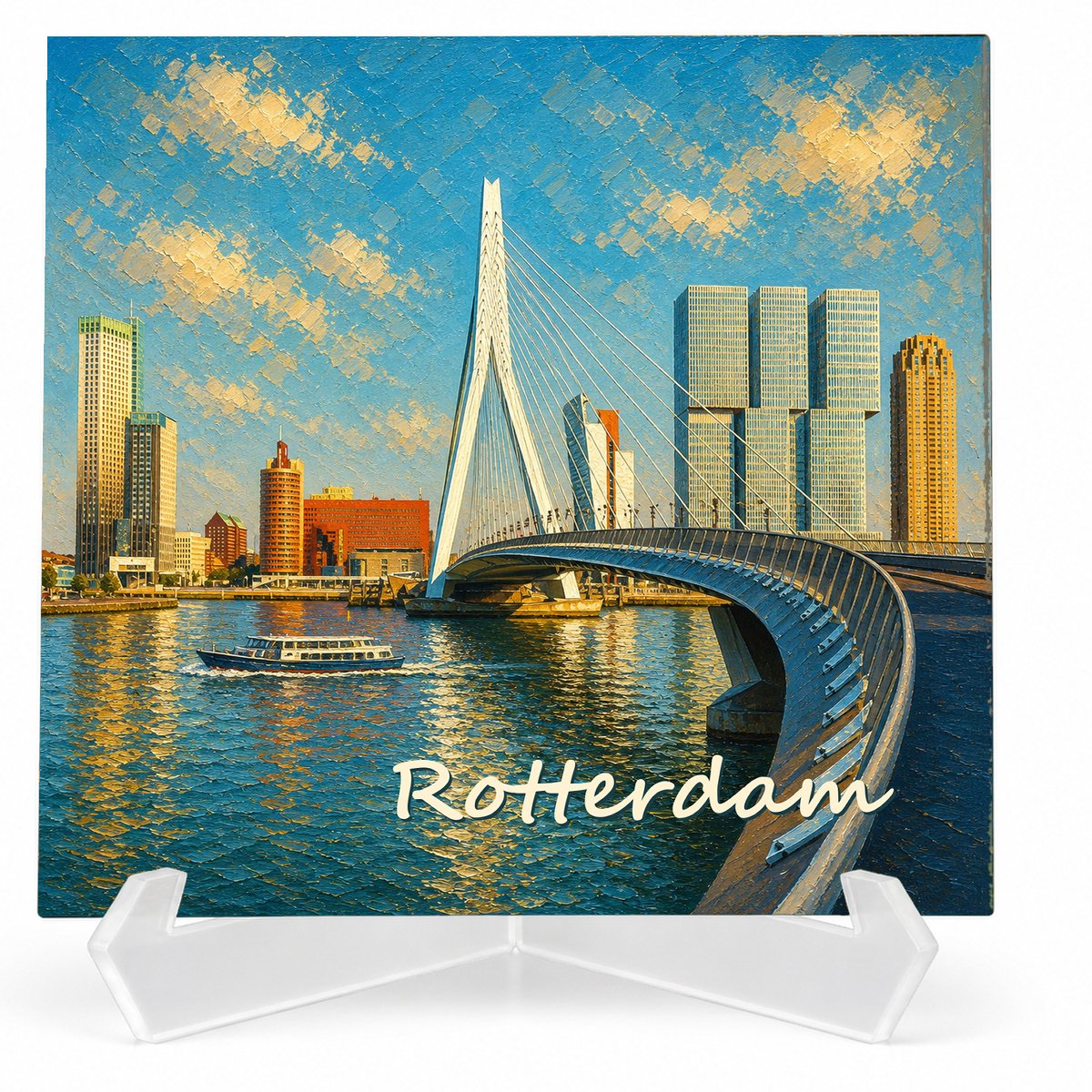 Kleurmedia Tegeltje Rotterdam – Erasmusbrug Skyline – Keramiek 15 x 15 cm – Inclusief transparante houder – Souvenir