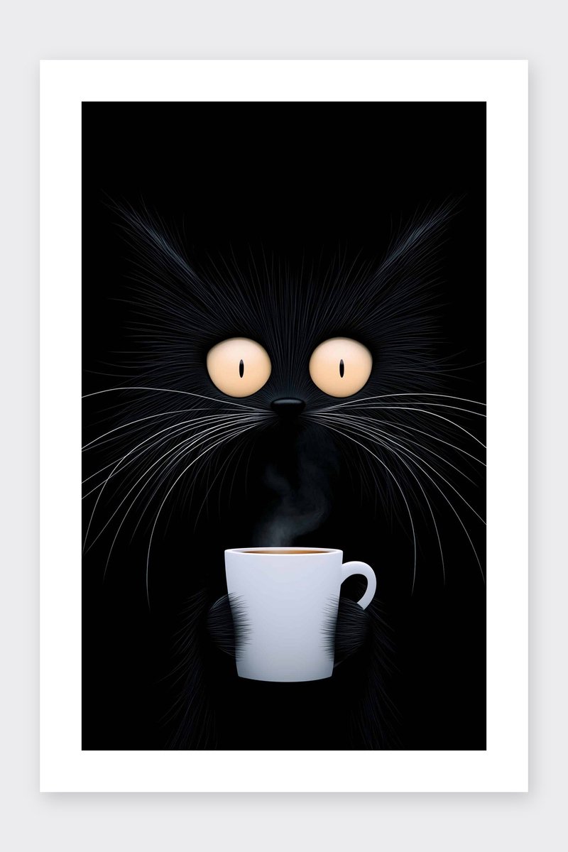 Zwarte Kat Poster - Koffie - Dieren - Kat - Thee - Schattig - Huisdier - Drank - Cafeïne - posters - formaat 30x40cm - Wanddecoratie - BXS4871 - Met kader - passe-partouts stijl