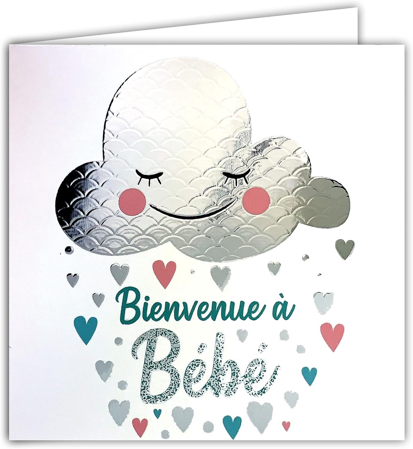 Vierkant, zilverkleurig, welkom bij baby, unisex, jongens, meisjes, harten en wolken.