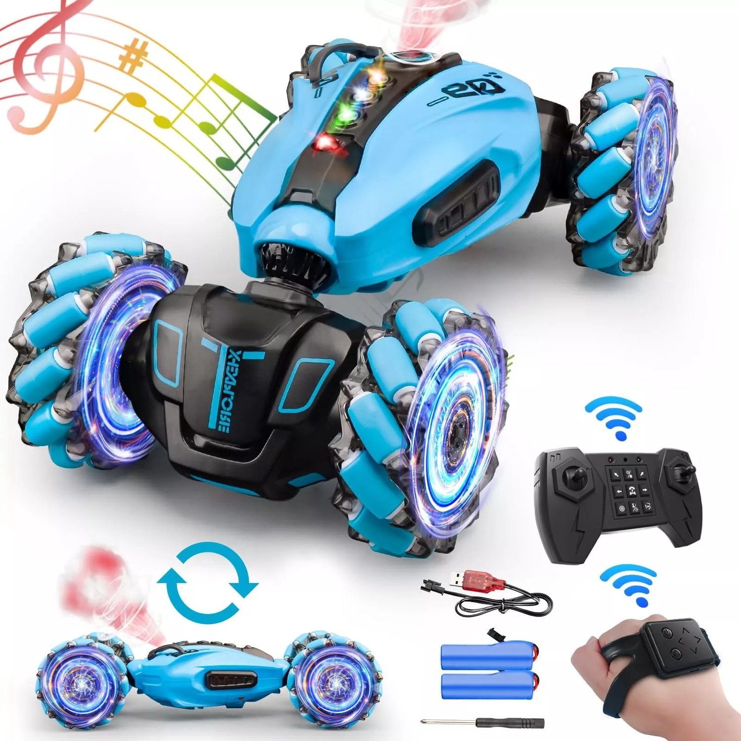 RC Auto Offroad - Bestuurbare Stuntauto Auto - Afstandsbestuurbaar Auto - Speelgoedauto Binnen & Buiten - Geluid & Licht & Spuiteffect - 360° Rotatie - Controller & Horloge Besturing - Voor Gras & Zand & Sneeuw