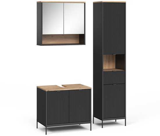 VICCO Eliza 3-delige badkamermeubelset in zwart met Viking eiken details en geribbelde deurfronten.