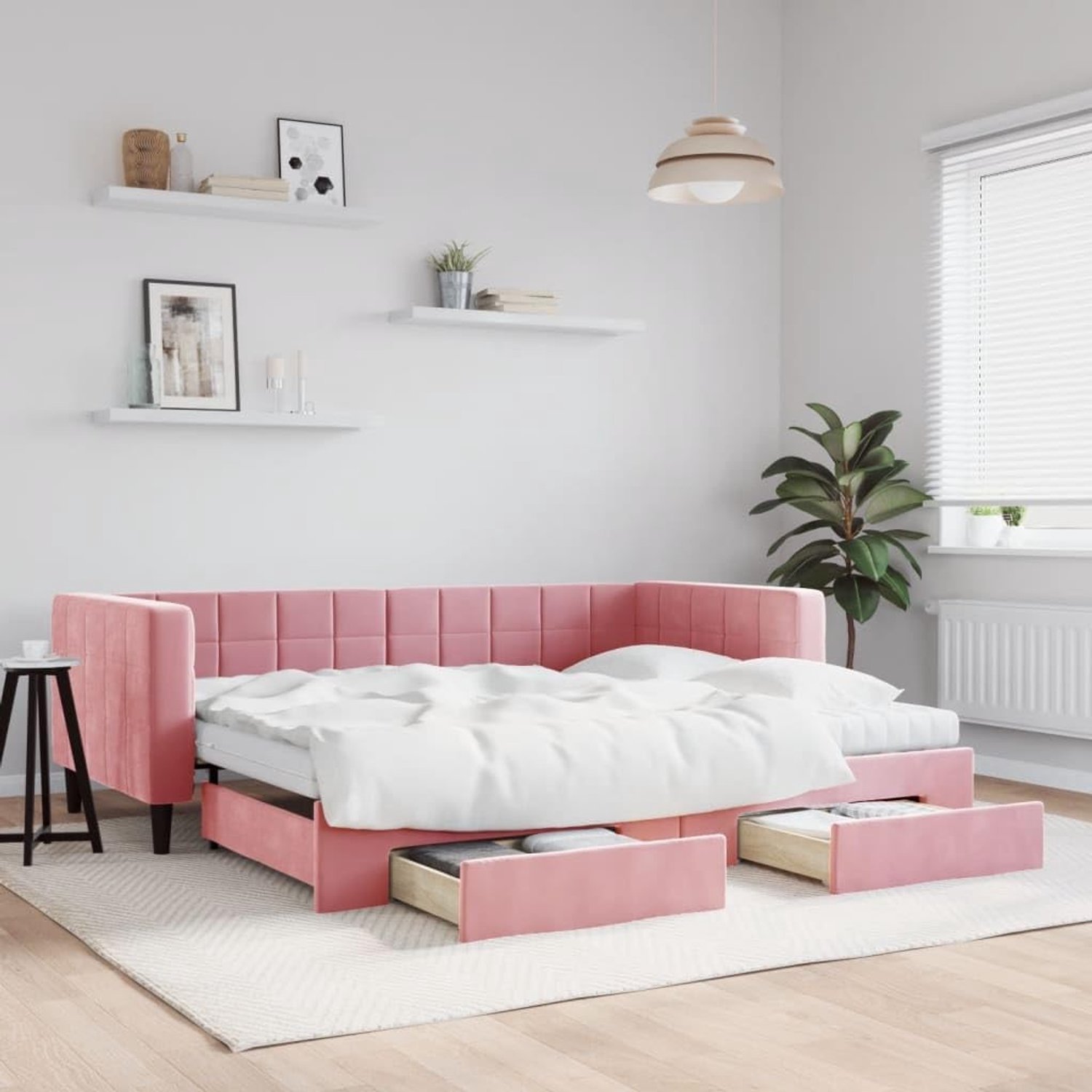 Familiebed, tweepersoonsbed, slaapkamermeubel, dagbed, uittrekbaar met laden, roze, 90x200 cm, fluweel