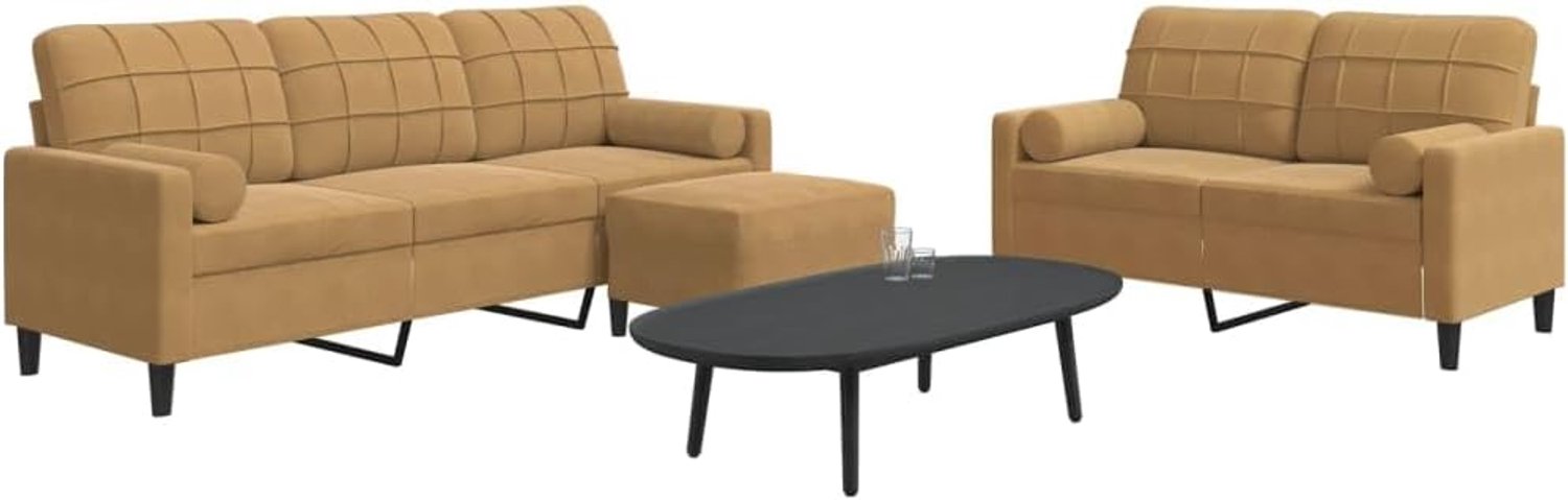 3-delige bankset met kussen en nekrollen in bruin fluweel, zachte velours bank met metalen frame voor woonkamer, comfortabele zitgroep met voetenbank en bekleding