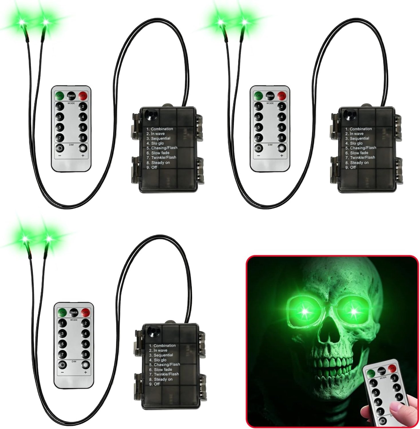 3 stuks Halloween led-oplichtende ogen (groen licht)