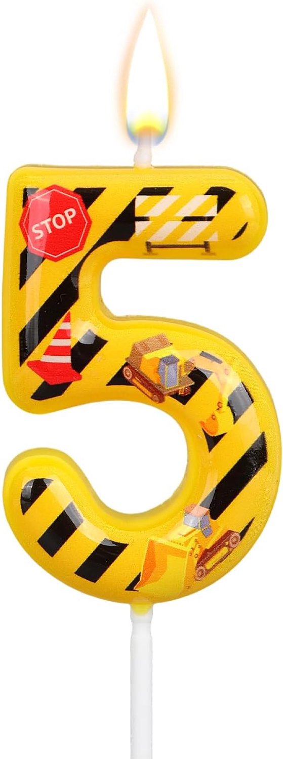 Geel en Zwart Gestreepte Verjaardagskaars met Cijfer Coole Bouwtaarttopper voor Feestbenodigdheden voor Jongens Taartdecoratie (Cijfer 5)