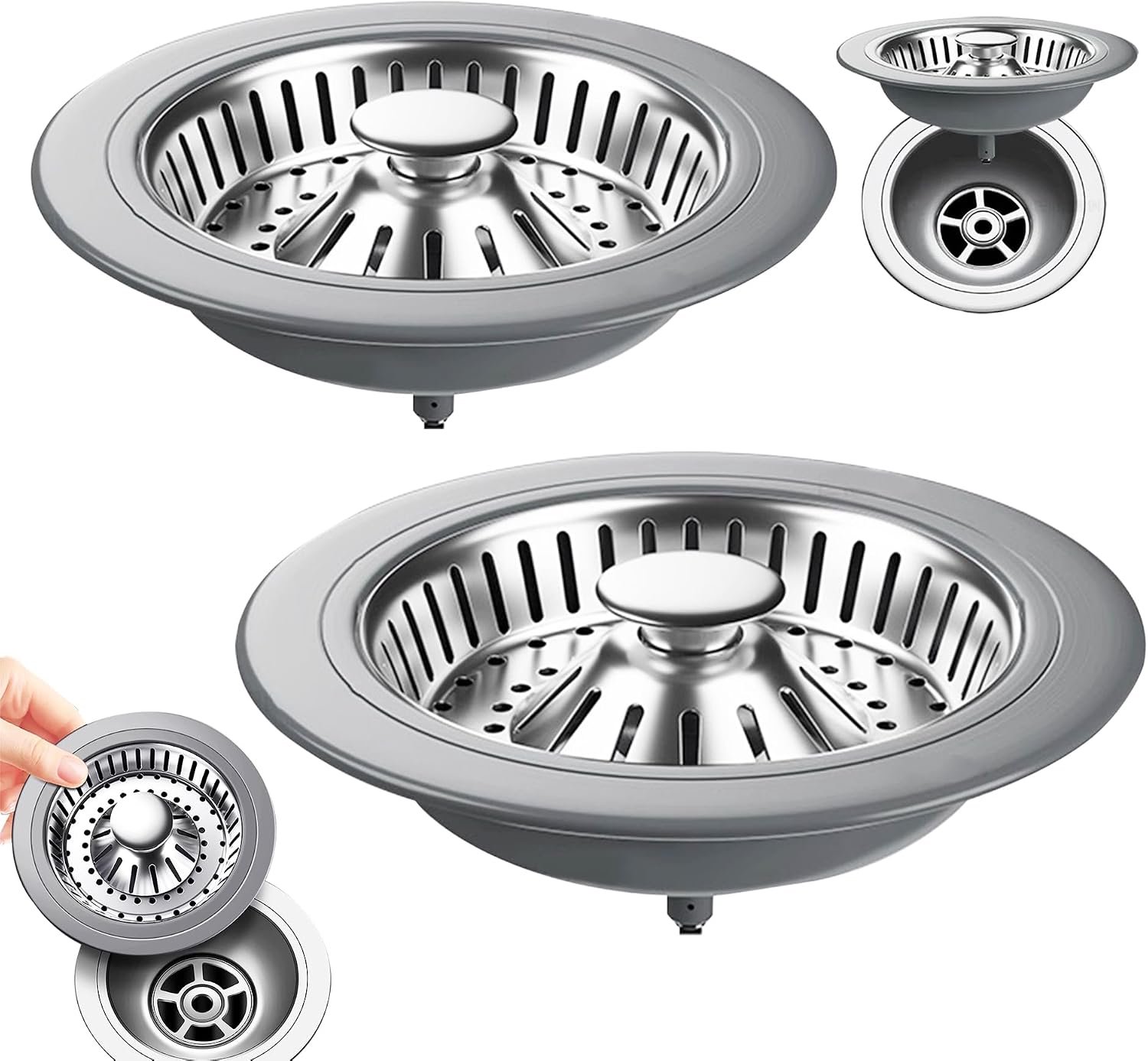 2 stuks Gootsteen Plug,Aanrecht Filter,Pop-up Gootsteenstop,3-in-1 Afvoerstop,RVS Afvoerstop,Afvoer Zeef,Spoelbak Filter,Keukenafvoerzeef,voor voedselrestenopvangbak.(Gatdiameter 78-85mm,Zilver.)