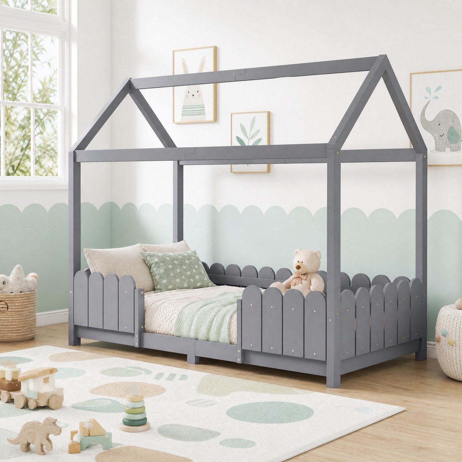 Kinderbed Huisbed 90x200 cm - Uitvalbeveiliging - Grijs