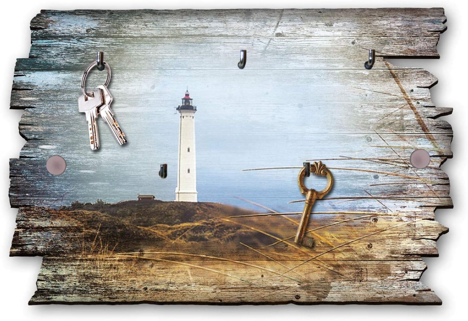 Veer vuurtoren designer sleutelplank, haak strip landhuis stijl, Shabby uit hout 30x20cm, HSB037