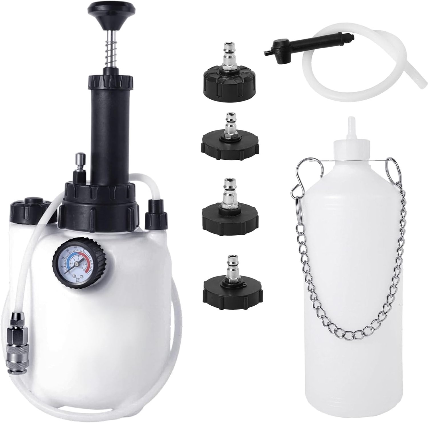 Remontluchting, 3 l, vloeistofledigingsset voor rem en koppeling, met opvangtank van 1 l, 4 adapters en afdichtingen, voor auto, motorfiets en auto-onderhoud