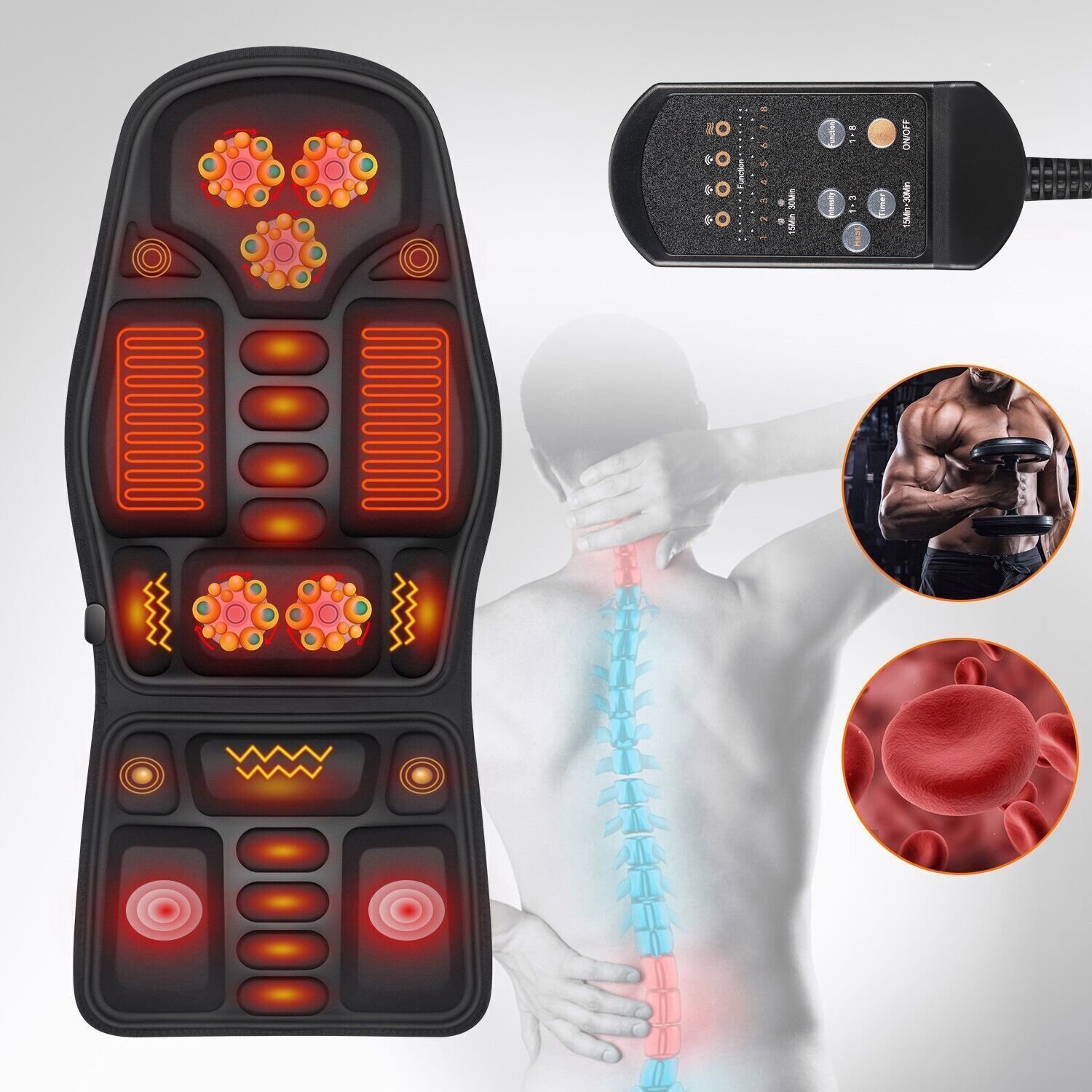 Elektrisch Massagekussen voor Auto en Stoel - Vibratiemassage - 7 Motoren - 8 Standen - 3 Intensiteitsniveaus - Warmtefunctie - Timer 15/30 Min - Voor Rug, Onderrug, Heupen en Bovenbenen – foto 6