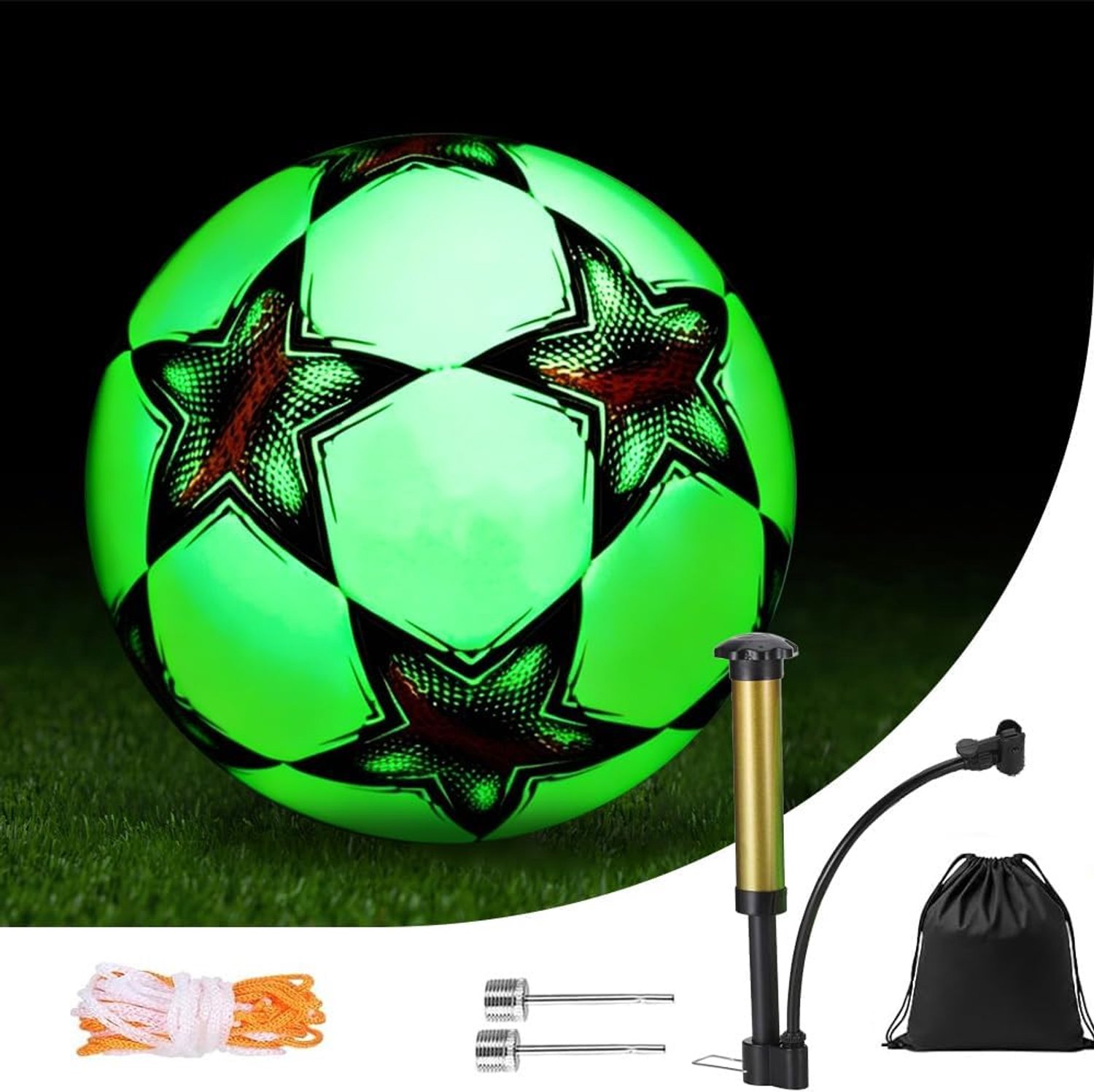 Voetbal – Maat 5 Voetbal met Pomp, Opblaasnaald & Mesh Opbergtas – Reflecterende Voetbal voor Avondwedstrijden & Training – Duurzame Trainingsbal voor Kinderen & Volwassenen, Groen