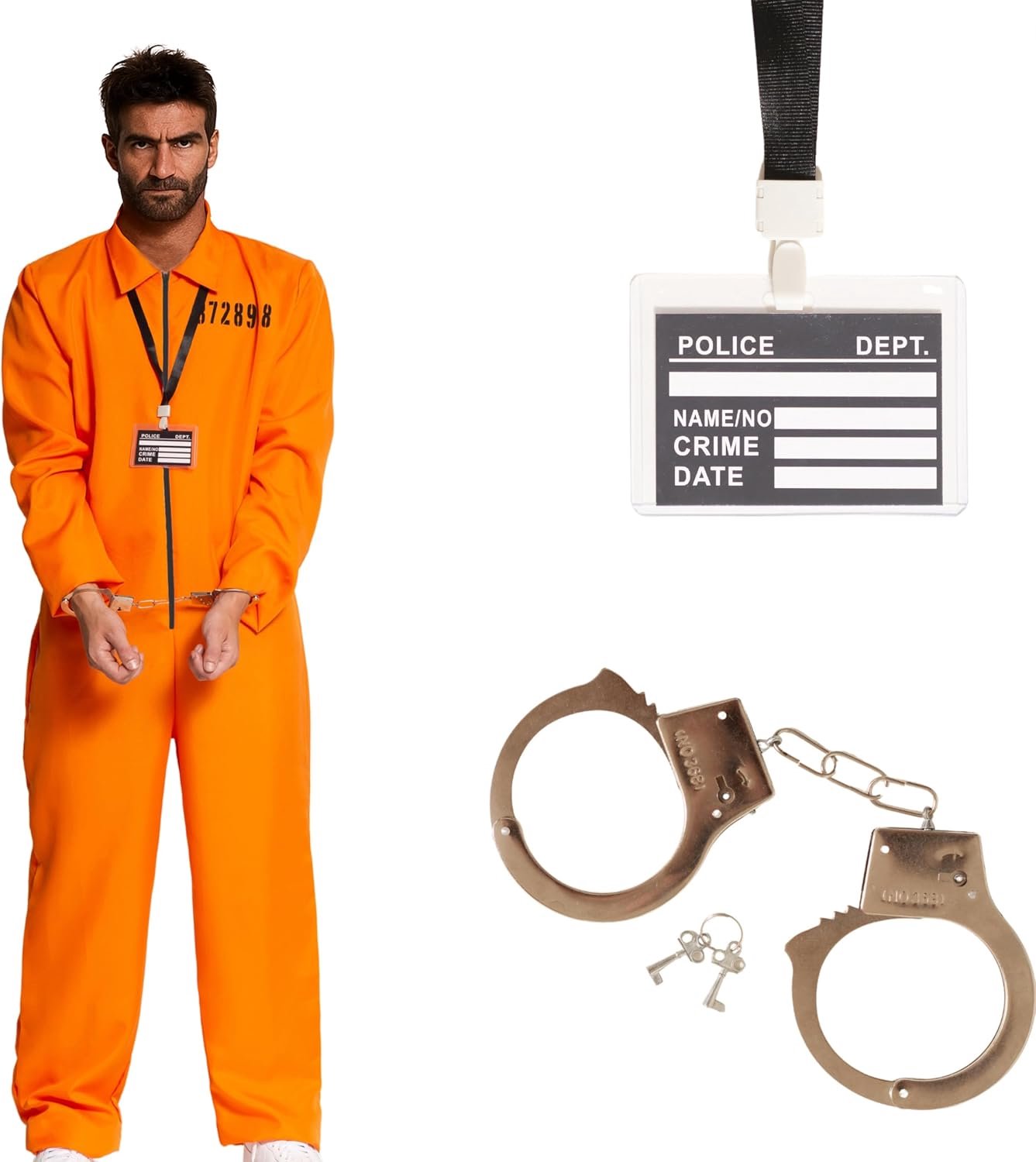 Gevangene Kostuum Heren 3-Delig Jumpsuit, Handboeien & Keycord met Badge Gevangeniskostuum Dief Kostuum Mannen Boefen Pak - Maat S t/m XL