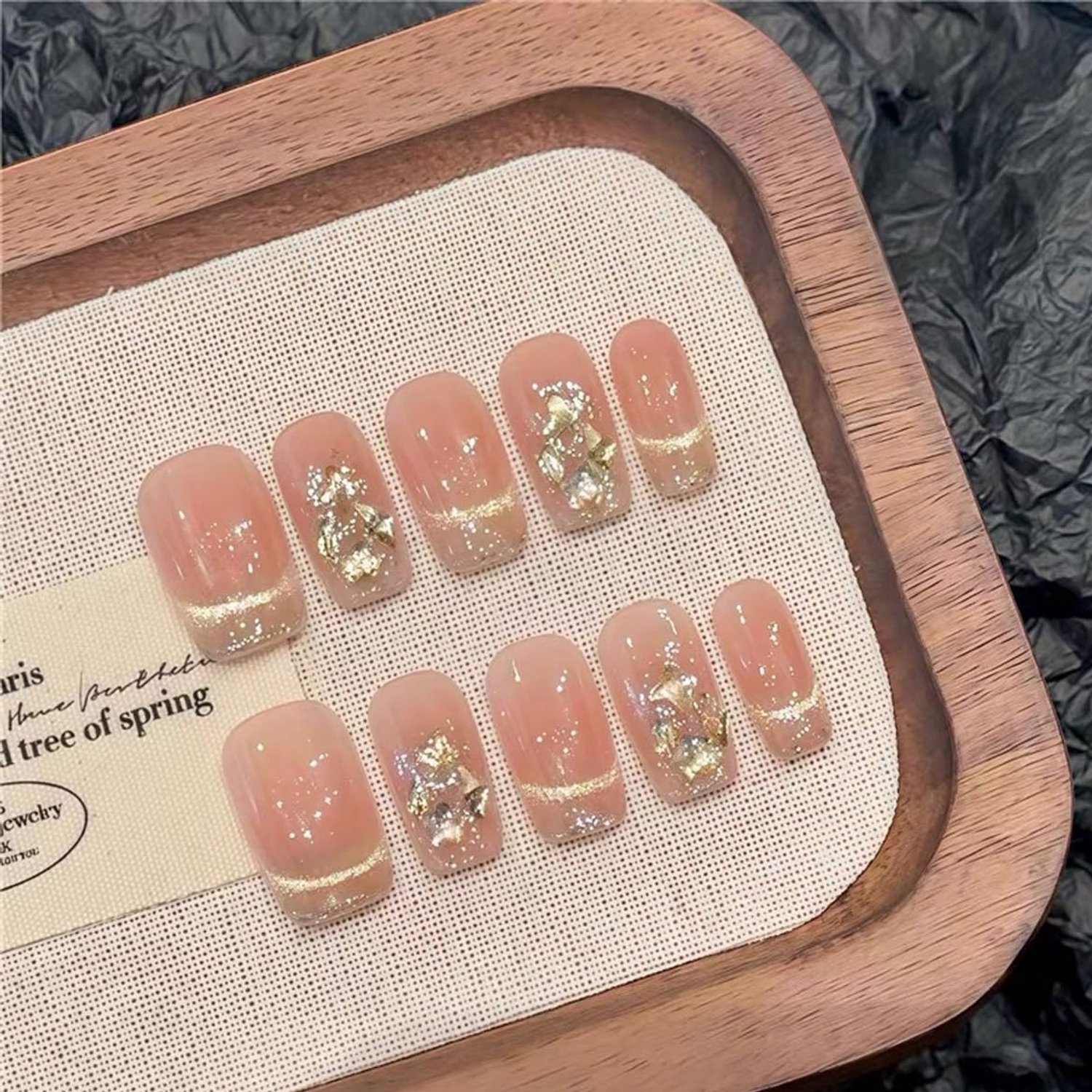 Handgemaakte press-on nagels, glanzend melkachtig en roze ovaal, om op te plakken, French Design, medium amandelnagels voor dames, herbruikbaar en natuurlijk (2813 L, L)
