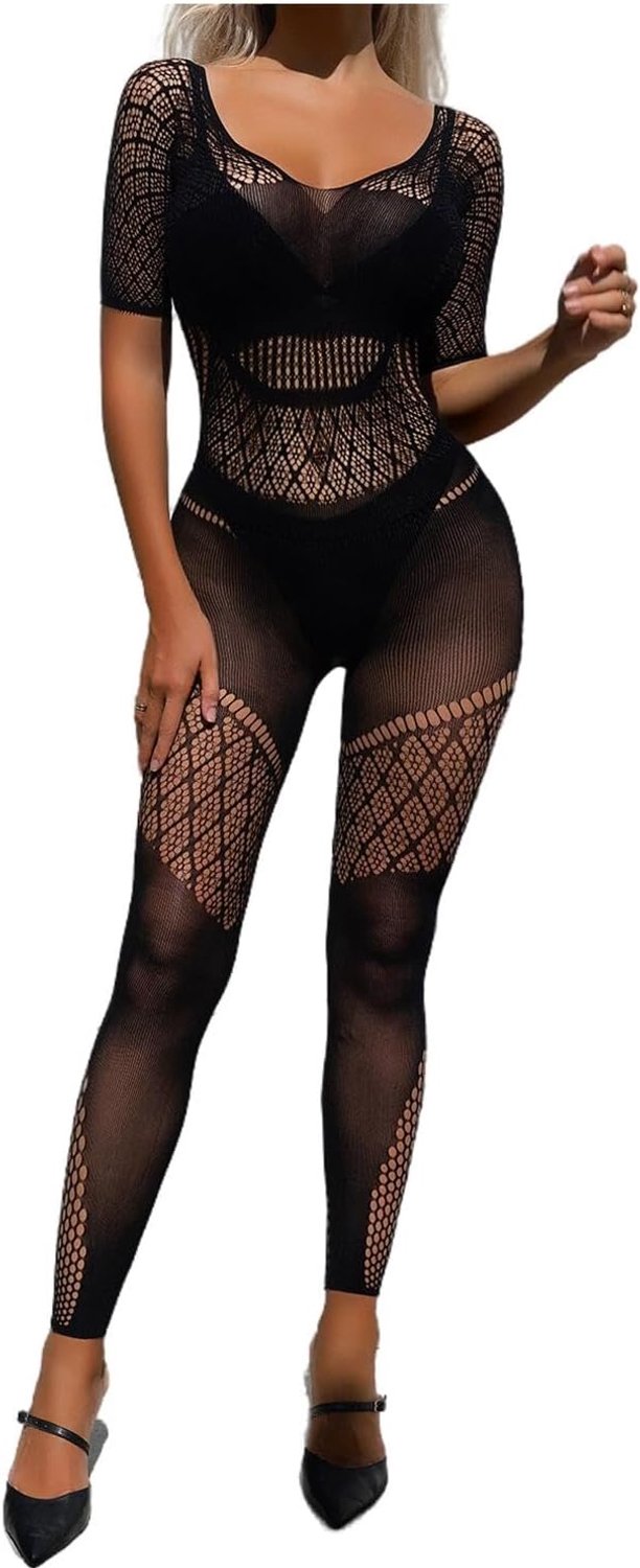 Stretchy panty voor dames, holle mesh lingerie, badydoll, visnet, korte mouwen, eenheidsmaat, jumpsuit, bodysuit, shapewear