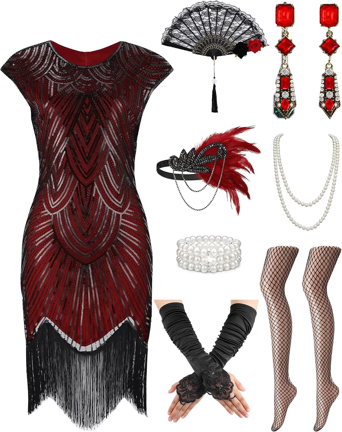 Charleston-jurk voor dames, jaren 20, met accessoires Flapper