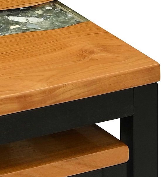 Set van 3 nesttafels van massief teakhout, bijzettafels met kunsthars en glas, ruimtebesparende salontafels voor de woonkamer — afbeelding 5