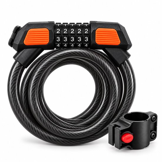 Verrou de câble noir GARPEX avec code à 5 chiffres, poignées orange et un support noir