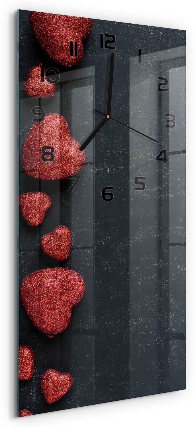 Tulup Wandklok - Harten op het bord Wandklok Glas Met Motief - 30x60 cm - Rood Decoratieve Glazen Klok - Zwarte handen - Rechthoekige Klok - Gekleurde Glazen Klok - Glazen Klok Met Print