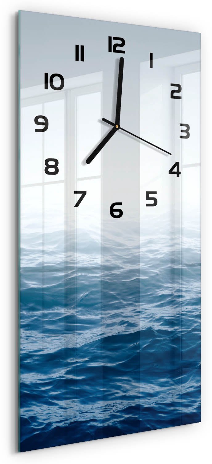 Tulup Wandklok - Oceaangolven Glazen Klok Met Print - 30x60 cm - Blauw Wandklok Glas Met Motief - Zwarte handen - Rechthoekige Klok - Wandklok Glas Decoratie - Gekleurde Glazen Klok