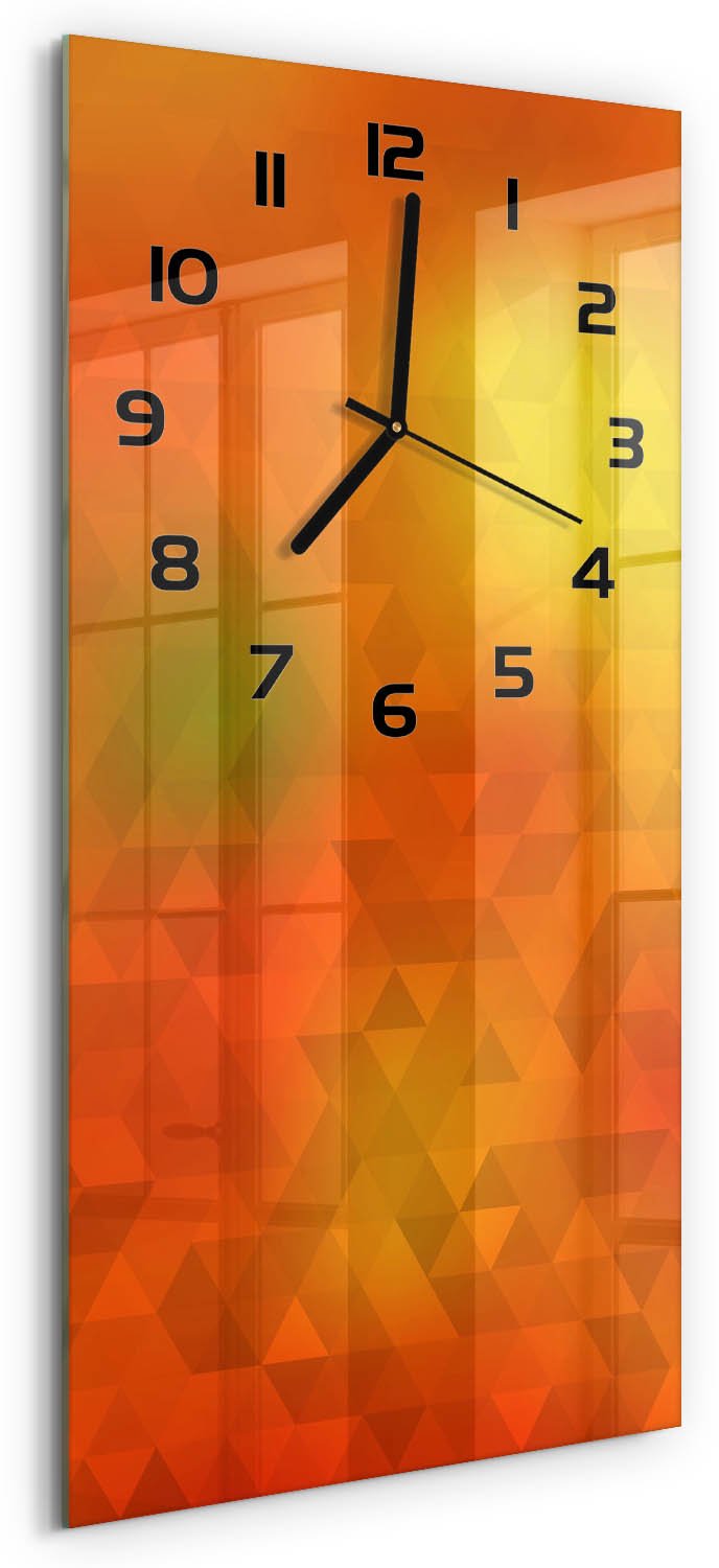 Tulup Wandklok - Driehoeken van abstractie Gekleurde Glazen Klok - 30x60 cm - Oranje Glazen Klok Met Print - Zwarte handen - Rechthoekige Klok - Moderne Wandklok Glas - Wandklok Glas Decoratie