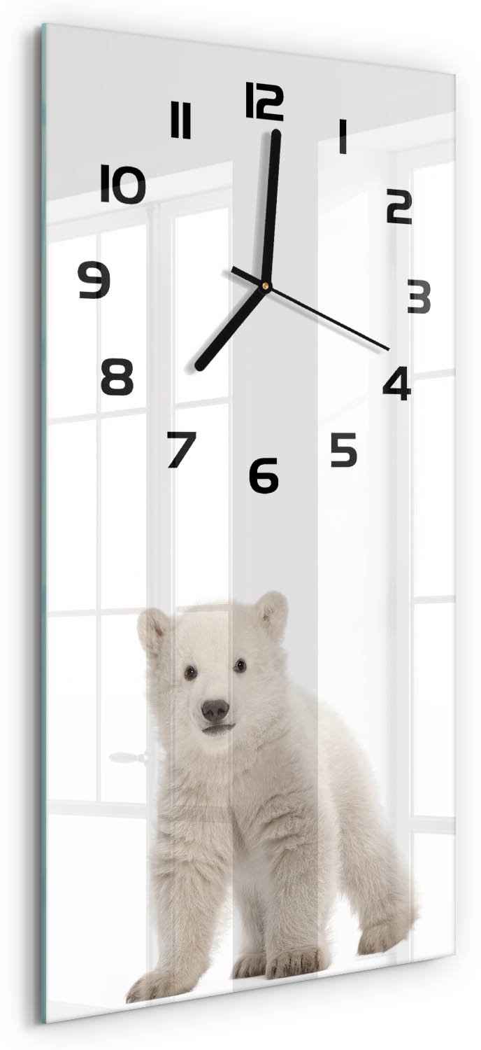 Tulup Wandklok - Ijsbeer Klok Glas Met Opdruk - 30x60 cm - Wit Moderne Wandklok Glas - Zwarte handen - Rechthoekige Klok - Decoratieve Glazen Klok - Glazen Wandklok Design