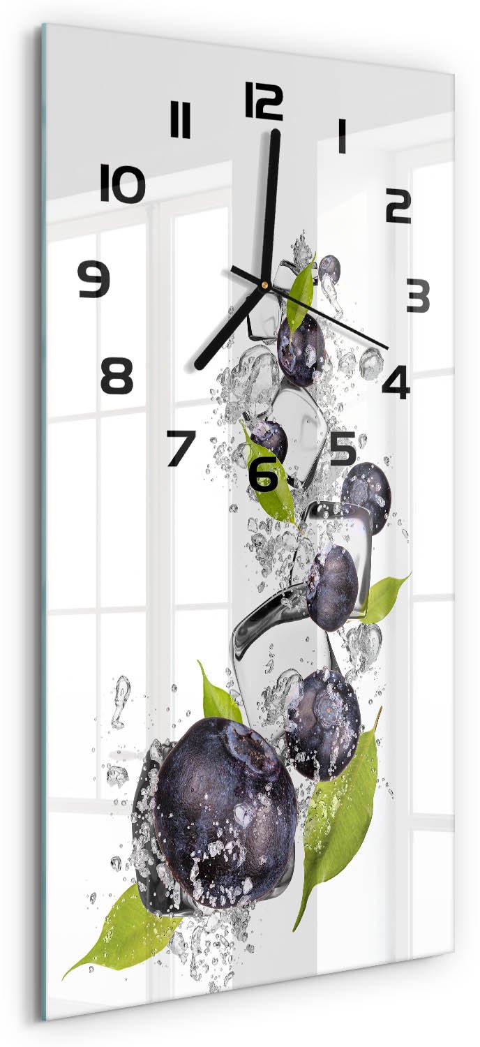 Tulup Wandklok - Bosbessen met ijs Wandklok Glas Met Motief - 30x60 cm - Zwart Decoratieve Glazen Klok - Zwarte handen - Rechthoekige Klok - Gekleurde Glazen Klok - Glazen Klok Met Print