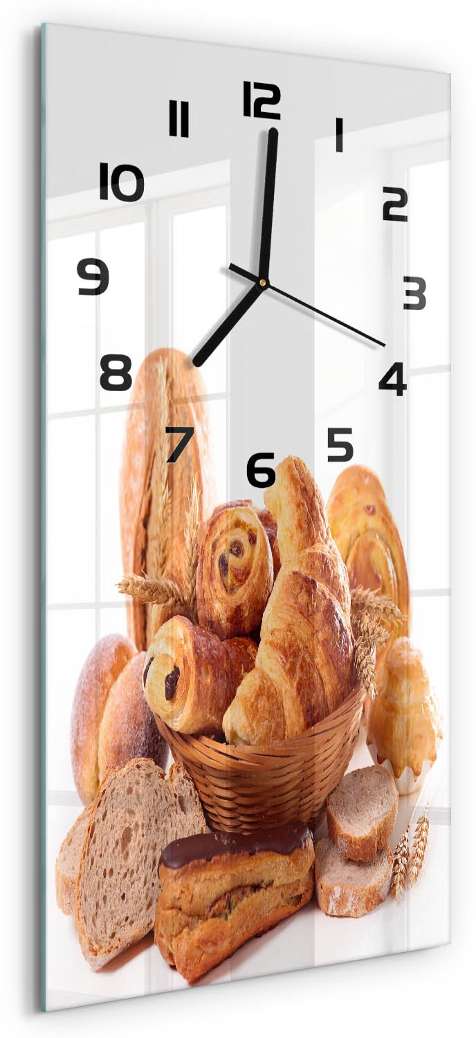 Tulup Wandklok - Brood in de mand Moderne Wandklok Glas - 30x60 cm - Bruin Wandklok Glas Decoratie - Zwarte handen - Rechthoekige Klok - Glazen Wandklok Design - Klok Glas Met Opdruk