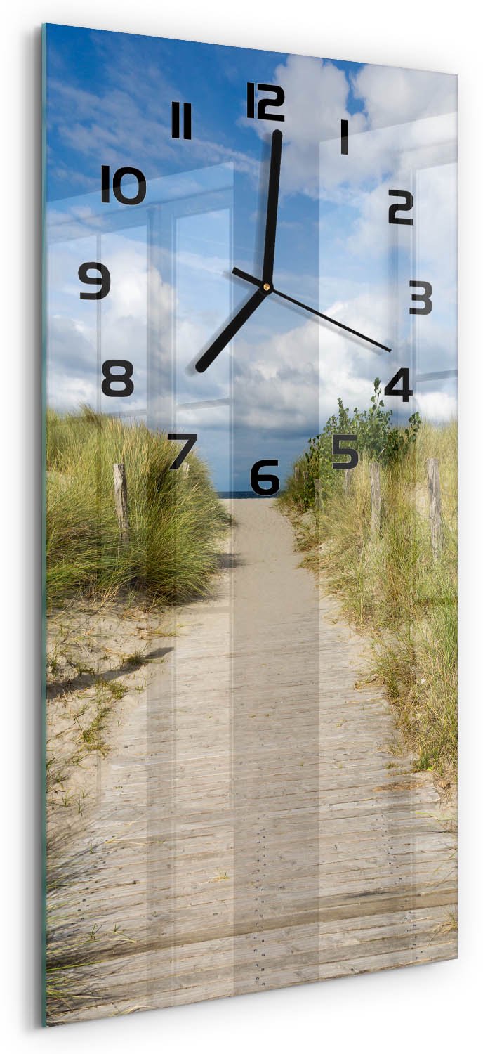 Tulup Wandklok - De weg naar het strand Wandklok Glas Met Motief - 30x60 cm - Groente Decoratieve Glazen Klok - Zwarte handen - Rechthoekige Klok - Gekleurde Glazen Klok - Glazen Klok Met Print