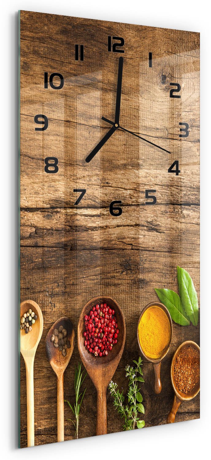 Tulup Wandklok - Kleurrijke specerijen Moderne Wandklok Glas - 30x60 cm - Veelkleurig Wandklok Glas Decoratie - Zwarte handen - Rechthoekige Klok - Glazen Wandklok Design - Klok Glas Met Opdruk